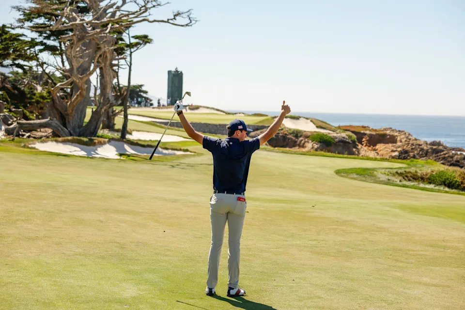 Mason Howell (USA) sinks his second shot on the 17th hole to win the match during foursome matches of the 2025 Walker Cup at Cypress Point Club in Pebble Beach, Calif. on Sunday, Sept. 7, 2025.