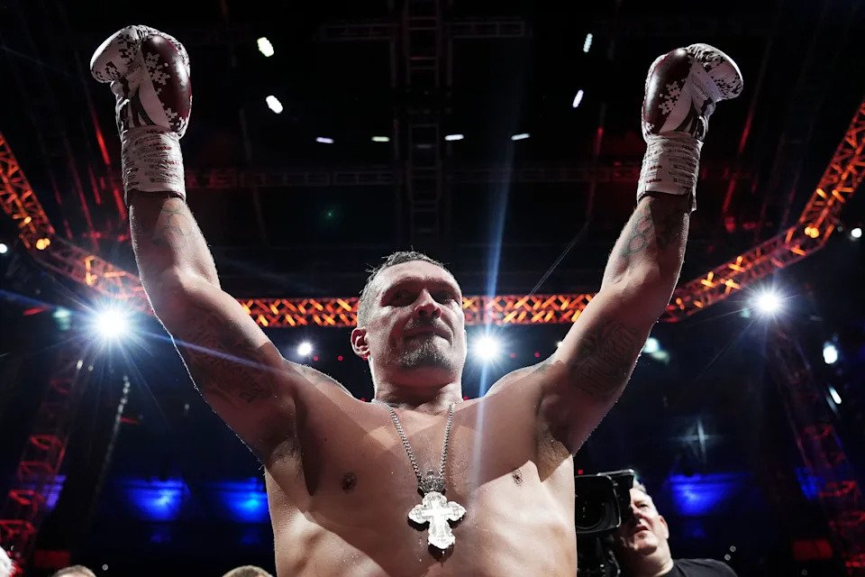 Oleksandr Usyk celebrates after knocking down Daniel Dubois during their IBF, IBO, WBC and WBO World heavyweight bout at Wembley Stadium, London. Picture date: Saturday July 19, 2025. (Photo by Bradley Collyer/PA Images via Getty Images)