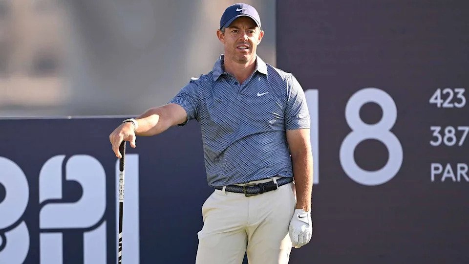 Rory McIlroy looks on at the 18th tee Sunday during the 2026 Dubai Invitational.