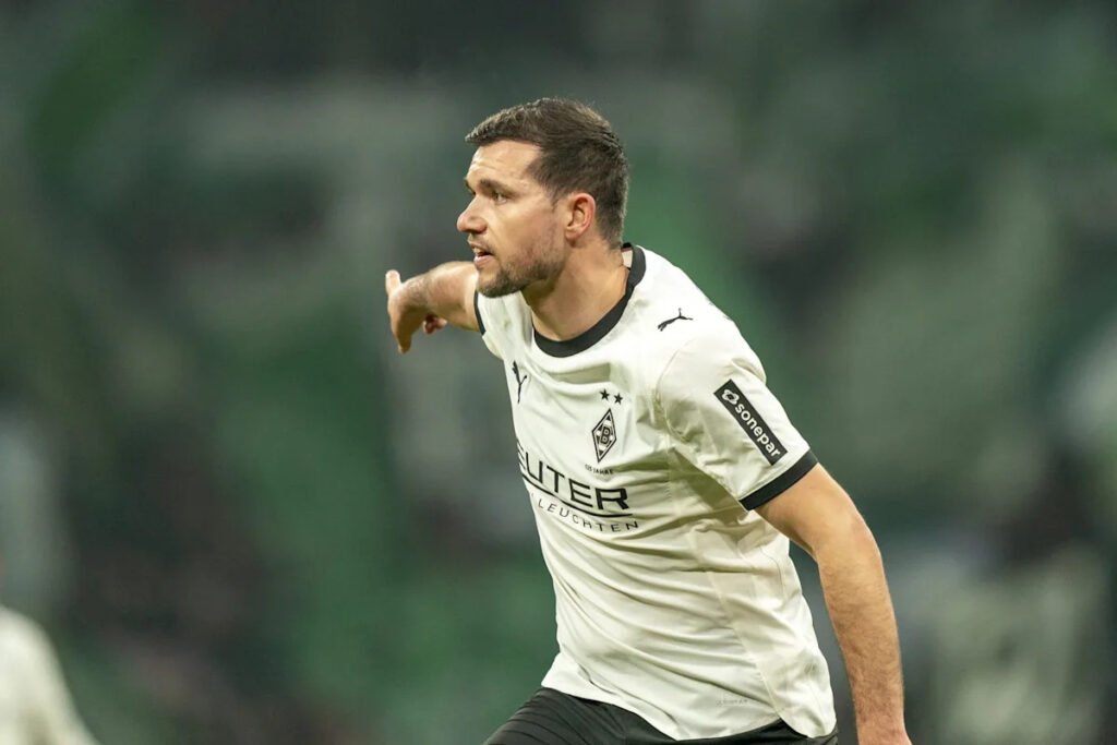 Borussia Mönchengladbach’s Kevin Stöger blows off steam after scoring a dream goal in the midst of a dismal Bundesliga season