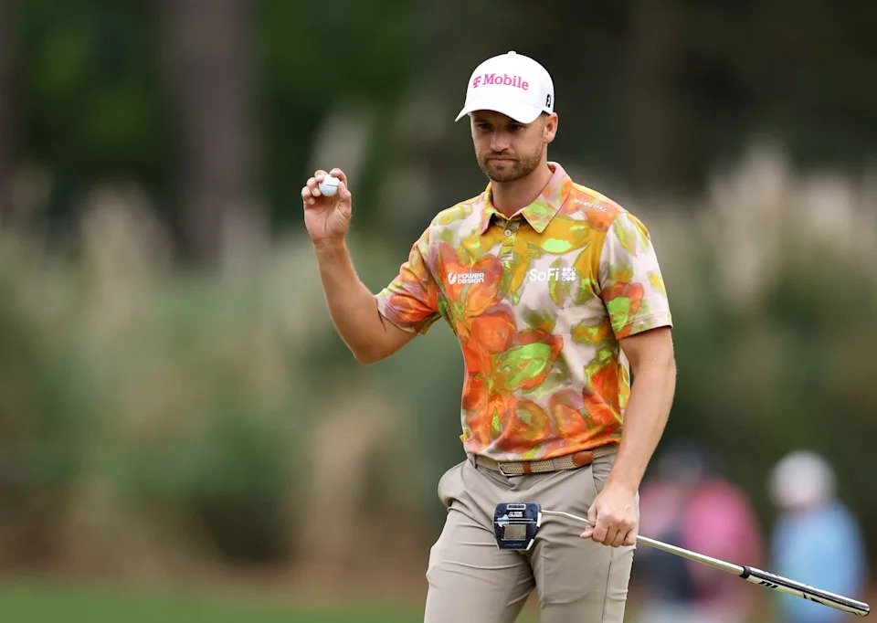 Wyndham Clark reacts on the third green during a practice round prior to the 2024 Masters Tournament at Augusta National Golf Club on April 09, 2024 in Augusta, Georgia. (Photo by Warren Little/Getty Images)