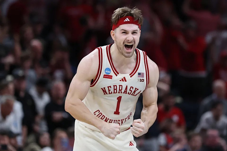 Sam Hoiberg of the Nebraska Cornhuskers reacts during the final minute of the second half against the Vanderbilt Commodores in the second round of the 2026 NCAA Men's Basketball Tournament at Paycom Center on March 21, 2026 in Oklahoma City, Oklahoma.