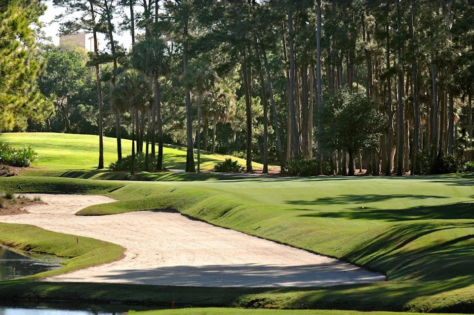 The fairway of the par-4 10th hole of the Players Stadium Course at TPC Sawgrass is one of the most difficult drives on the course.