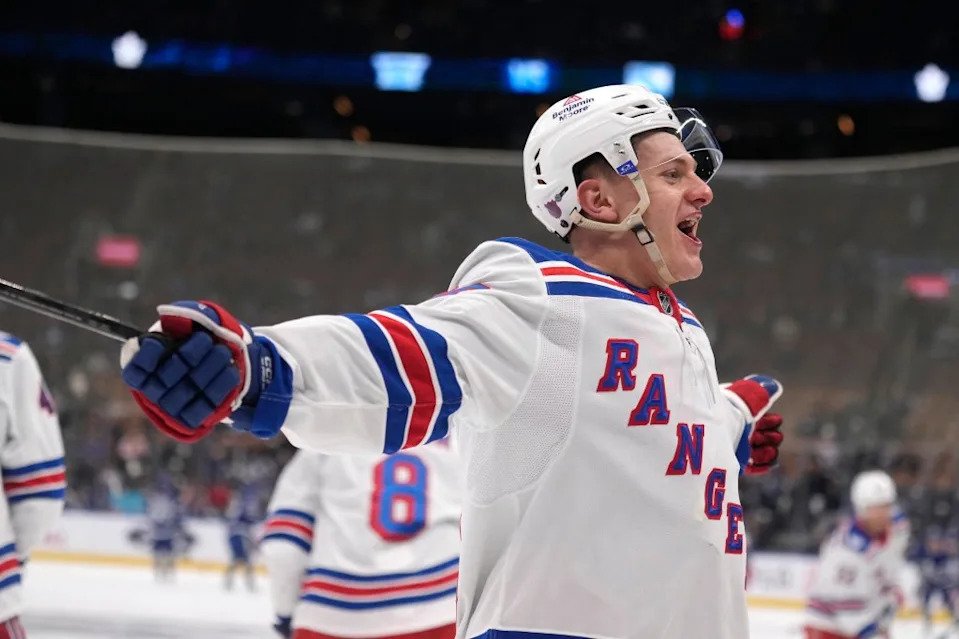 Adam Sykora smiles during warmups before the Rangers’ loss to the Maple Leafs at Scotiabank Arena. IMAGN IMAGES via Reuters Connect