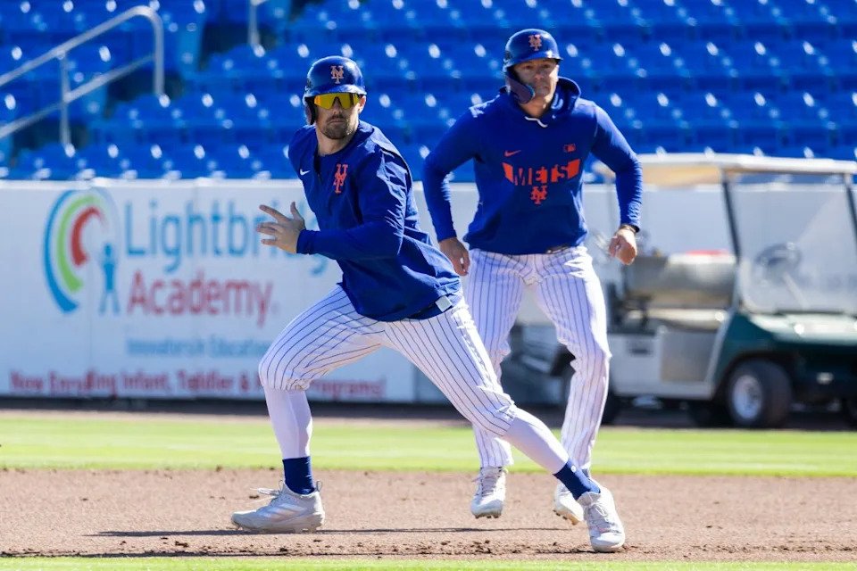 New York Mets infielder Jackson Cluff (l.) runs the bases during Spring Training at Clover Field, Tuesday, Feb. 24, 2026, in Port St. Lucie. Corey Sipkin for the NY POST