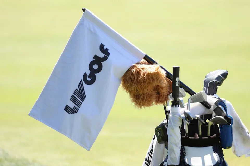 A detailed view of a flag with LIV Golf logo is seen during the pro-am prior to the LIV Golf Invitational – Portland at Pumpkin Ridge Golf Club on June 29, 2022 in North Plains, Oregon. via Getty Images