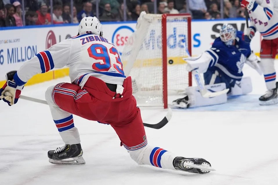 MIka Zibanejad scores in the second period for the first of his two goals in the Rangers’ loss to the Maple Leafs. John E. Sokolowski-Imagn Images