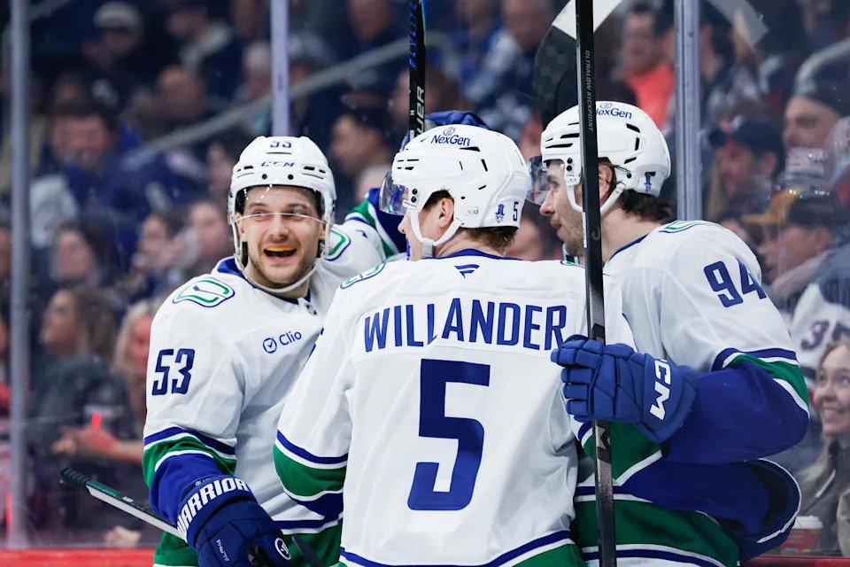 Mar 7, 2026; Winnipeg, Manitoba, CAN; Vancouver Canucks forward Linus Karlsson (94) is congratulated by his team mates on his goal against the Winnipeg Jets during the first period at Canada Life Centre. Mandatory Credit: Terrence Lee-Imagn Images