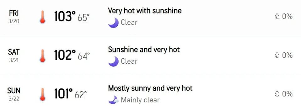 The Accuweather forecast for Tucson, Arizona, for March 20-22, 2026.