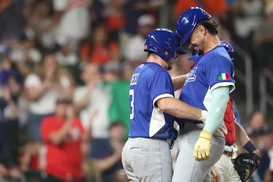 Jac Caglianone of Team Italy celebrates with Kyle Teel after hitting a two-run home run in the fourth inning of their upset win over Team USA during the 2026 World Baseball Classic at Daikin Park on March 10, 2026 in Houston. MLB Photos via Getty Images