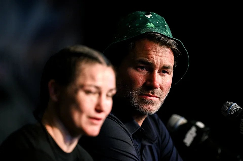 New York , United States - 11 July 2025; Matchroom Boxing promoter Eddie Hearn with Katie Taylor during her post-fight press conference following her undisputed super lightweight championship fight victory over Amanda Serrano at Madison Square Garden in New York, USA. (Photo By Stephen McCarthy/Sportsfile via Getty Images)