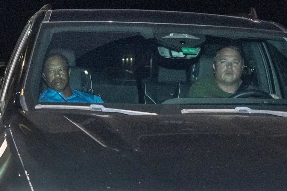Tiger Woods (l.) is driven from the Martin County jail after posting bail on March 27, 2026. Christopher Oquendo for NY Post