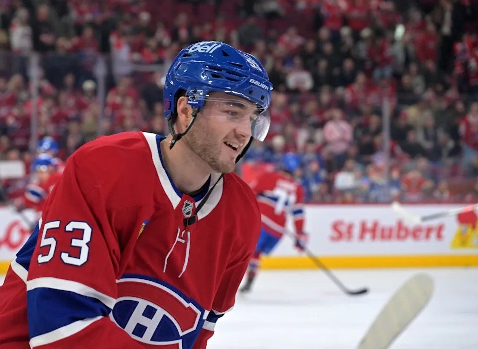 Montreal Canadiens defenseman Noah Dobson (53) skates during the warmup before the game against the Columbus Blue Jackets at the Bell Centre. Eric Bolte-Imagn Images