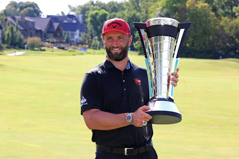 Jon Rahm of Legion XIII poses with the LIV golf season individual trophy on day three of LIV Golf Indianapolis at The Club at Chatham Hills on August 17, 2025, in Westfield, Indiana.