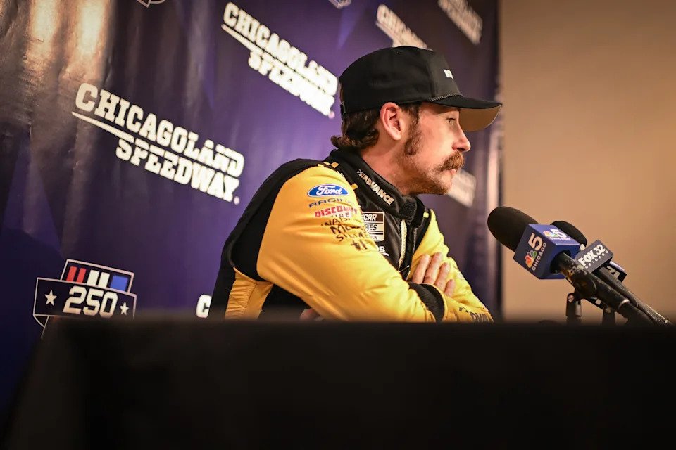 NASCAR driver Ryan Blaney speaks with reporters during a break in the Goodyear tire test April 22 at Chicagoland Speedway.