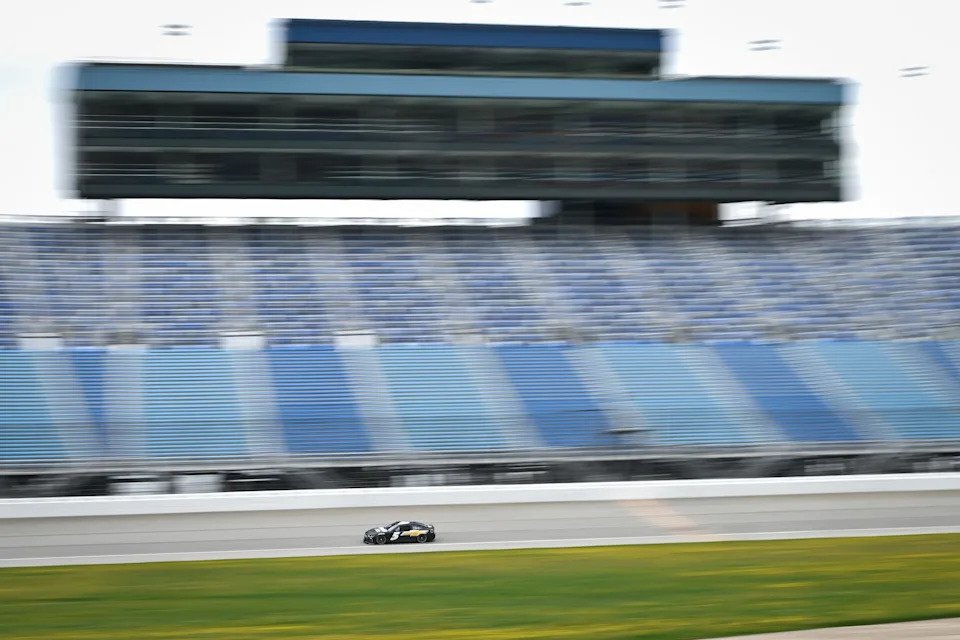 Kyle Larson drives past the main grandstand during a Goodyear tire test April 22 at Chicagoland Speedway.