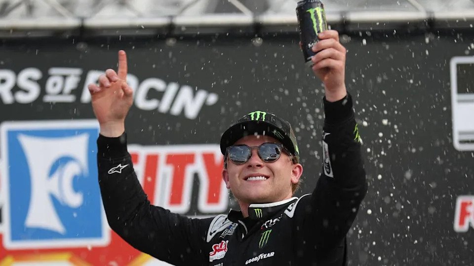 Ty Gibbs celebrates after winning Food City 500 at Bristol Motor Speedway. Mandatory Credit&colon; Randy Sartin-Imagn Images