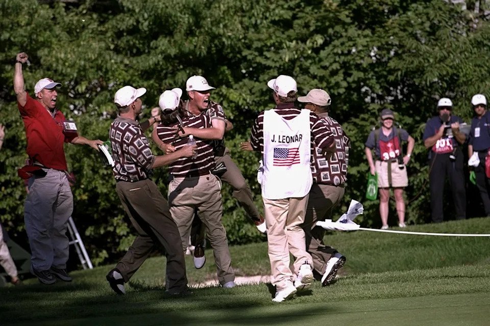 Justin Leonard memorably holed the winning putt at the 'Battle of Brookline' in 1999 (Getty Images)