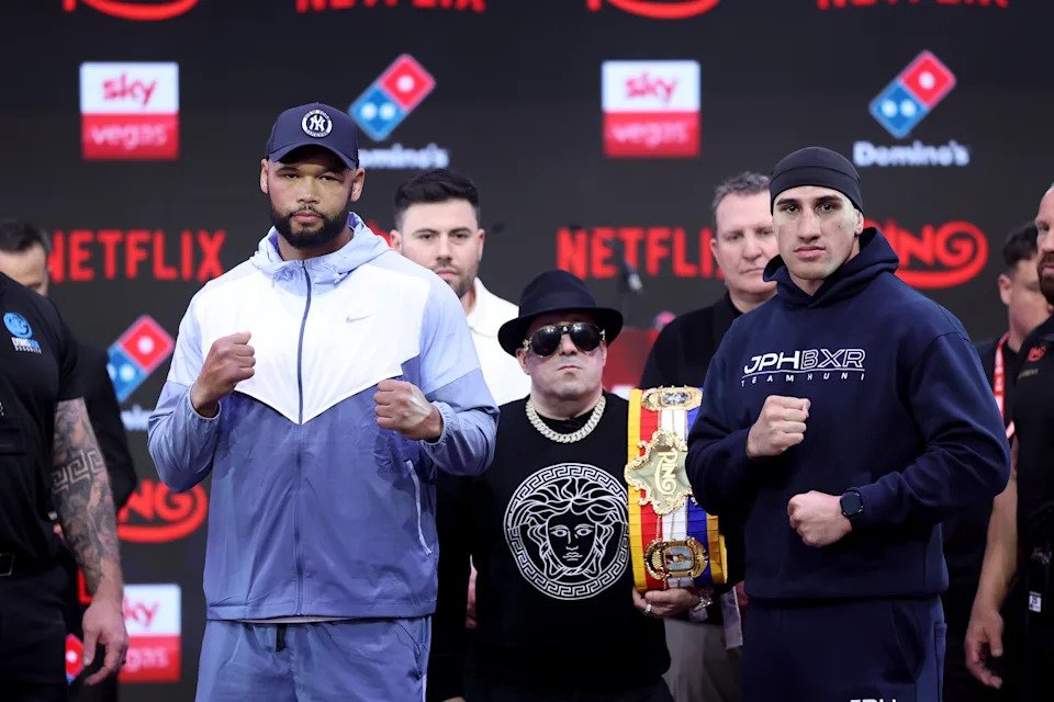 LONDON, ENGLAND - APRIL 09: Frazer Clarke, Ben Shalom, Rick Reeno, Mick Francis and Justis Huni at the Tyson Fury v Arslanbek Makhmudov - Press Conferenceon April 09, 2026 in London, England.  (Photo by Richard Pelham/Getty Images for Netflix)