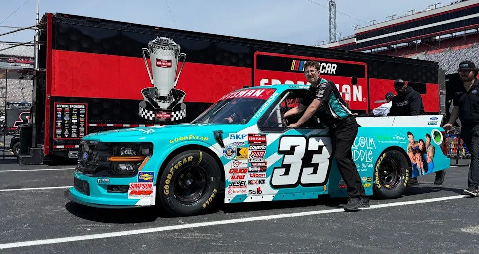 The truck for Frankie Muniz featuring Malcolm in the Middle rolls through the Bristol garage.