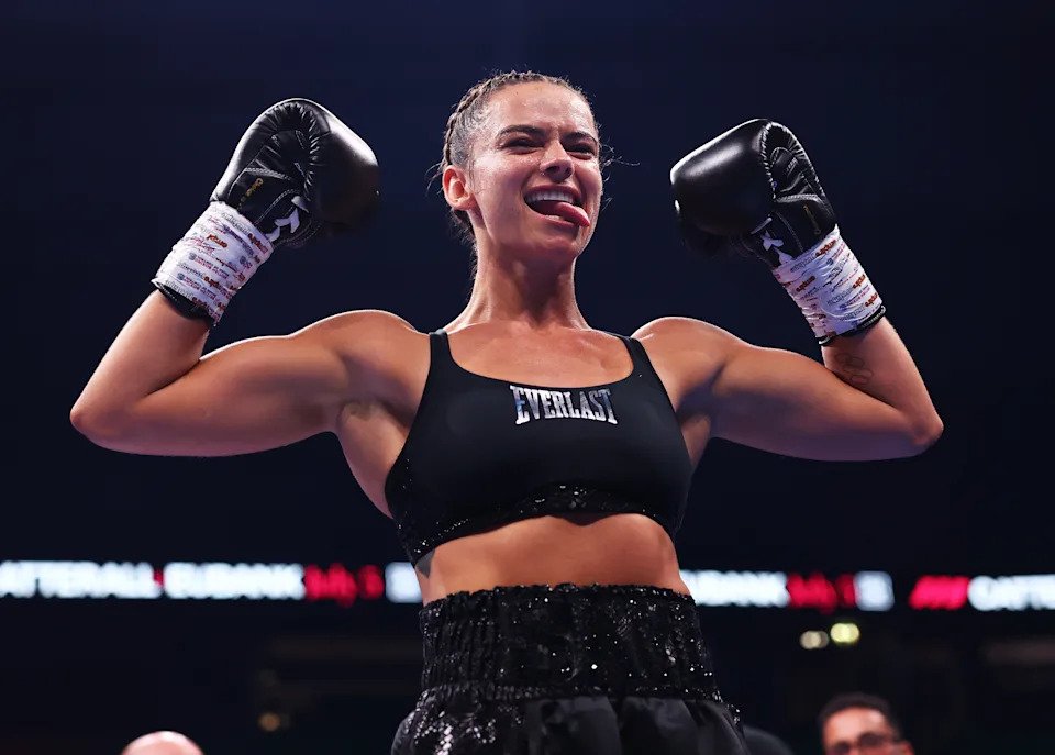 MANCHESTER, ENGLAND - JULY 05: Skye Nicolson poses for a photo following her victory over Carla Camila Campos Gonzales in their Super Bantamweight fight on 'The Warrior Code' fight card at AO Arena on July 05, 2025 in Manchester, England. (Photo by Alex Livesey/Getty Images)