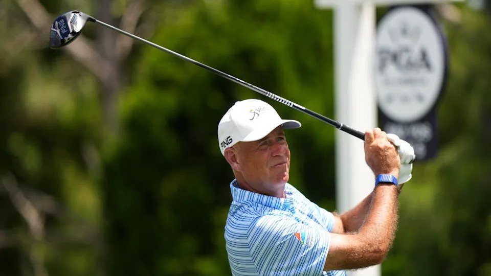 Stewart Cink hits his tee shot on the third hole during the third round of the Senior PGA Championship at The Concession Golf Club on Saturday, April 18, 2026, in Bradenton, Florida. Photo by Darren Carroll/PGA of America.