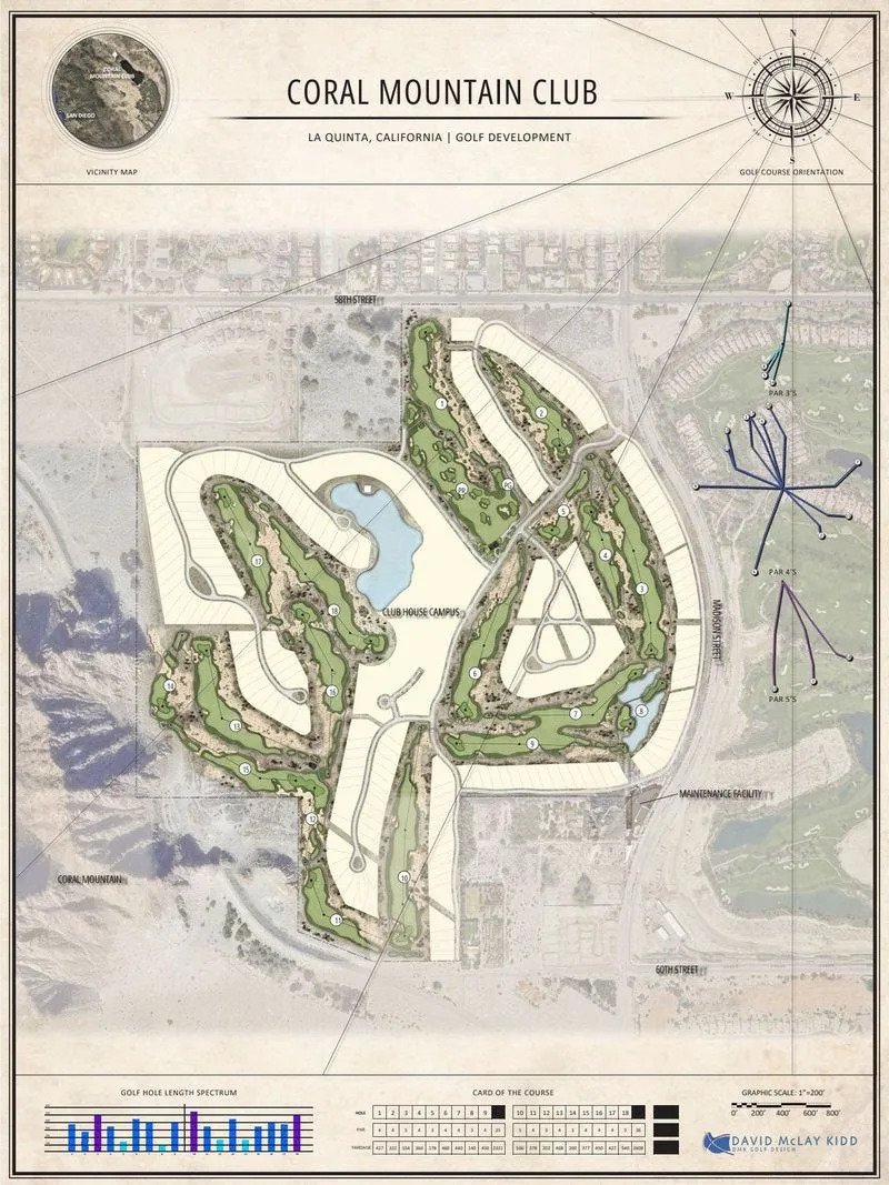 A rendering of the routing of the 18-hole golf course that will be built by architect David McLay Kidd at Coral Mountain Desert Club in La Quinta.