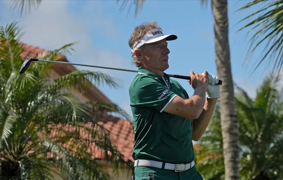 Bernhard Langer prepares to tee off during play Friday, Feb. 13, 2026. Golfers participated in the opening round of the 2026 Chubb Classic event at Tiburon Golf Course in Naples, FL.