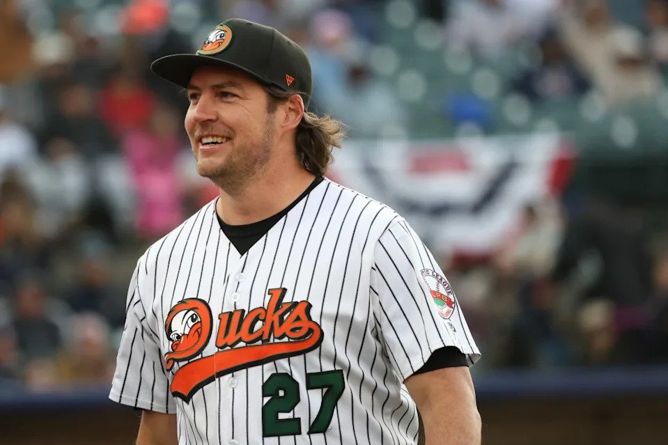 Trevor Bauer smiles after the first inning of a game against the Hagerstown Flying Boxcars in Central Islip, N.Y. on Tuesday, April 21, 2026. Heather Khalifa for NY Post