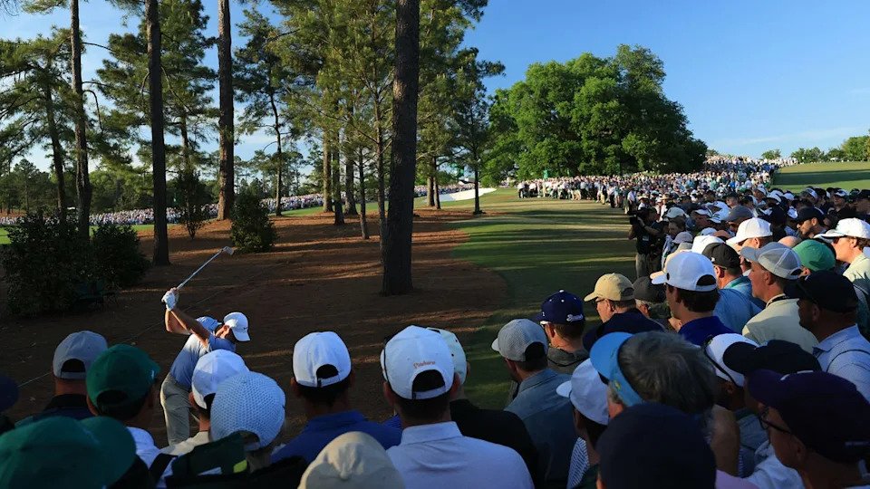 Rory McIlroy swings a club in a wooded area as a large crowd watches, standing closely together under tall pine trees on a sunny day.