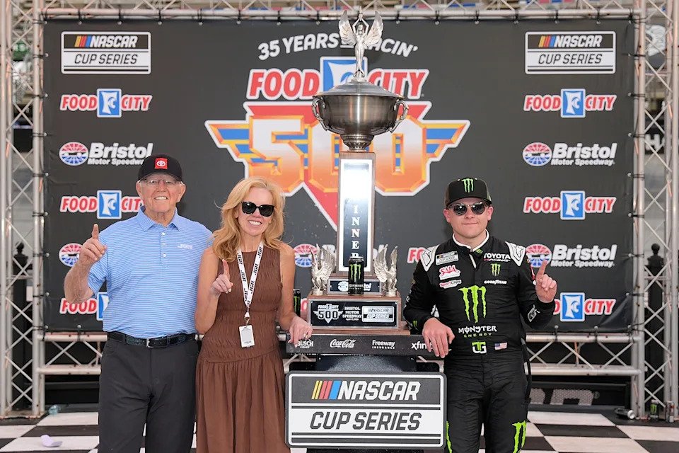Ty Gibbs, Joe Gibbs Racing celebrates with mother Heather and grandfather Joe Gibbs