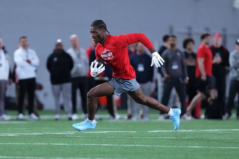 Ohio State receiver Carnell Tate participates in drills during 2026 Ohio State Pro Day at Woody Hayes Athletic Center on March 25, 2026 in Columbus, Ohio. Getty Images