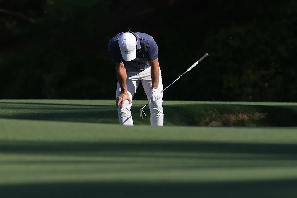 AUGUSTA, GEORGIA - APRIL 13: Rory McIlroy of Northern Ireland reacts after his third shot on the 13th hole during the final round of the 2025 Masters Tournament at Augusta National Golf Club on April 13, 2025 in Augusta, Georgia. (Photo by Andrew Redington/Getty Images)