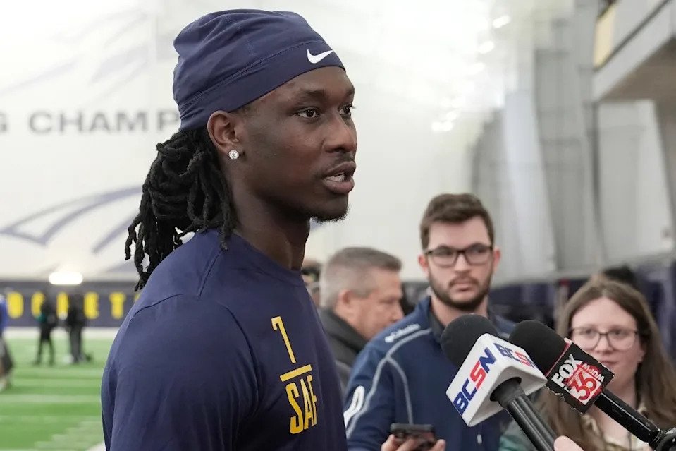 Toledo’s Emmanuel McNeil-Warren is interviewed during the school’s NFL football pro day Monday, March 23, 2026. AP