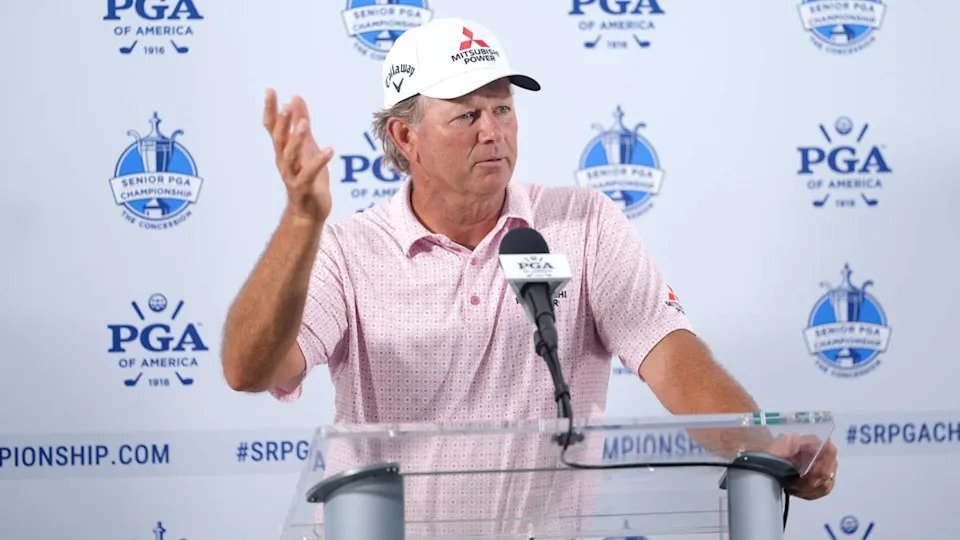 BRADENTON, FL - APRIL 17: Retief Goosen in the player interview area after his second round of the Senior PGA Championship at The Concession Golf Club on Friday, April 17, 2026, in Bradenton, Florida. (Photo by Darren Carroll/PGA of America)