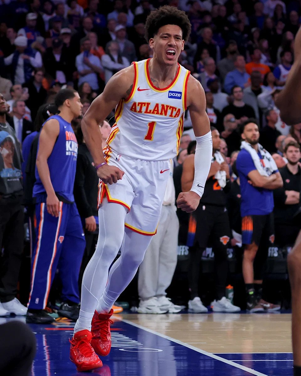 Jalen Johnson reacts after a basket against the New York Knicks during Game 2.