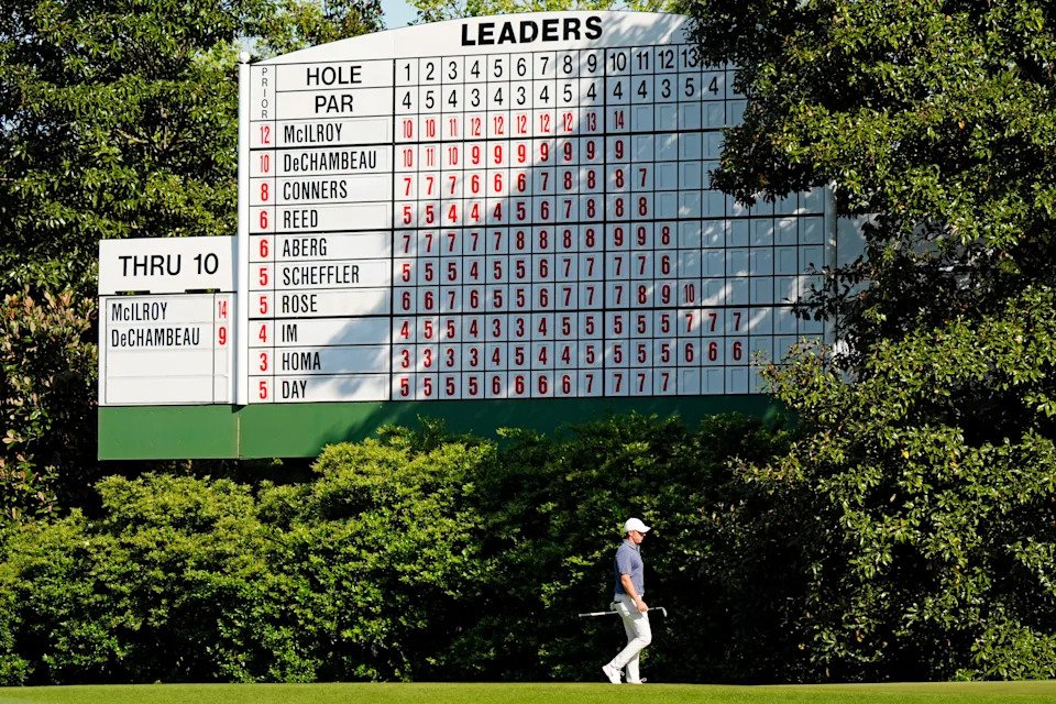 Apr 13, 2025; Augusta, Georgia, USA; Rory McIlroy walks across on the 11th green during the final round of the Masters Tournament at Augusta National Golf Club. Mandatory Credit: Katie Goodale-Imagn Images