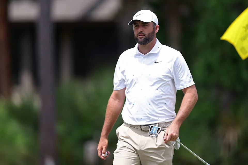 Scottie Scheffler of the United States looks on from the third green during the third round of the RBC Heritage 2026 at Harbour Town Golf Links on April 18, 2026 in Hilton Head Island, South Carolina.