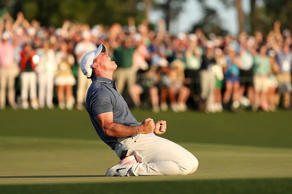 Rory McIlroy of Northern Ireland celebrates winning the 2025 Masters Tournament after the playoff hole on the 18th green during the final round of the 2025 Masters Tournament at Augusta National Golf Club on April 13, 2025 in Augusta, Georgia.