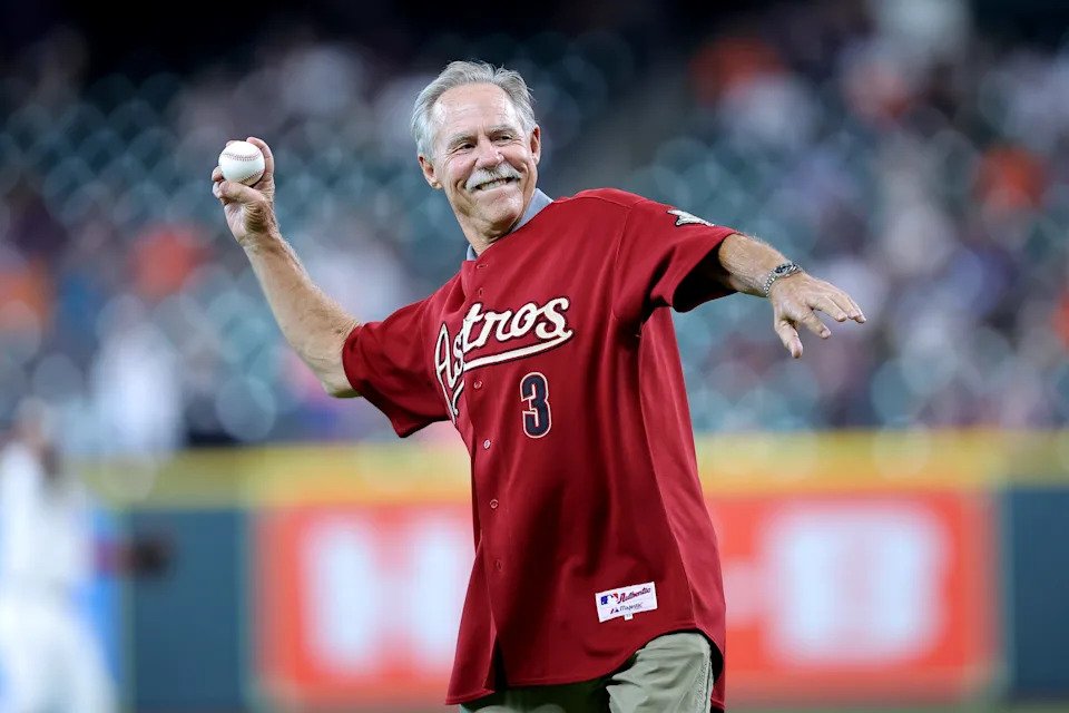 Phil Garner throws out the ceremonial first pitch prior to a 2025 game in Houston