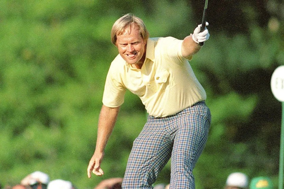 Jack Nicklaus watches his putt drop for a birdie on the 17th hole at Augusta National on April 13, 1986 in Augusta, Ga. The shot gave him the lead and he went on to win his sixth Masters title.