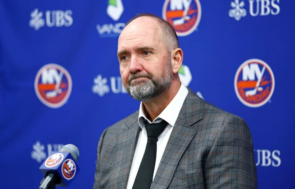 Islanders head coach Peter DeBoer responds to questions from reporters during press conference after an NHL hockey game against the Montreal Canadiens Sunday, April 12, 2026, in Elmont, N.Y. AP
