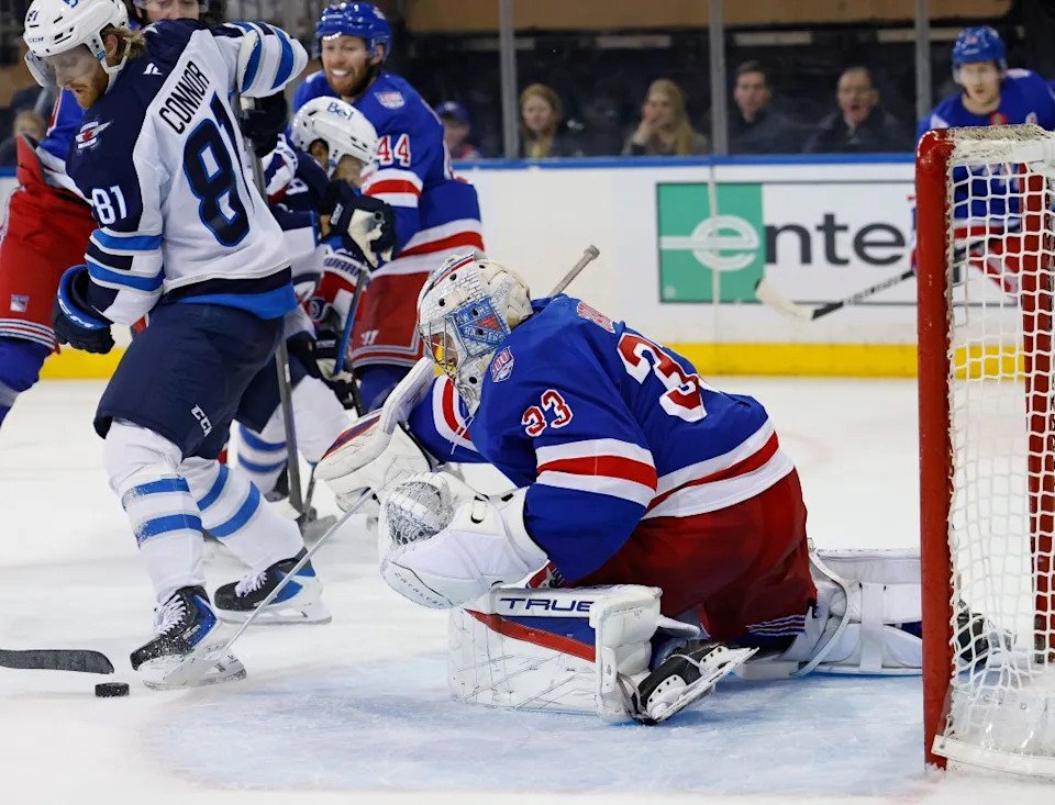 Dylan Garand #33 of the New York Rangers defends the net during the second period when the New York Rangers played the Winnipeg Jets. Robert Sabo for NY Post