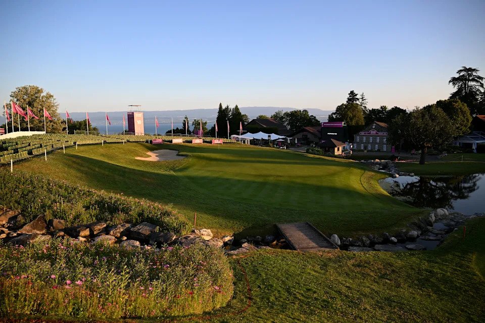 A general view of the 18th hole during Round One of The Amundi Evian Championship 2025 at Evian Resort Golf Club on July 10, 2025 in Evian-les-Bains, France.