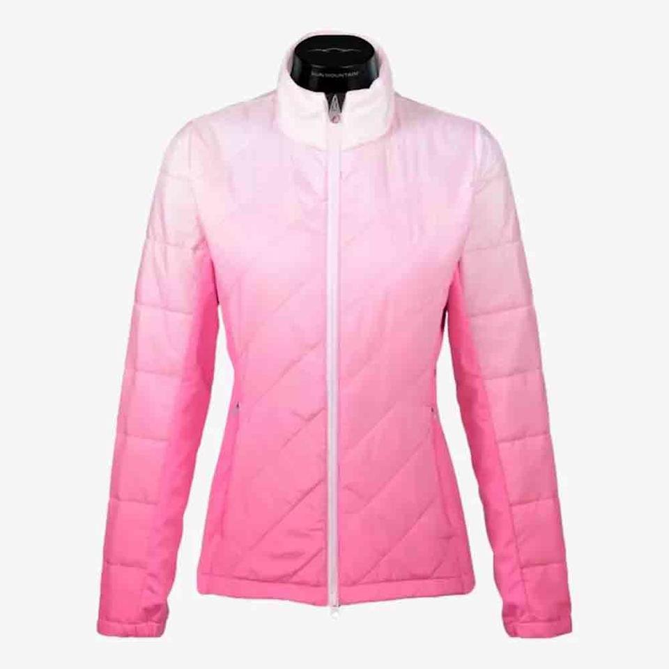 A women's quilted jacket with a front zipper, featuring a gradient color transition from white at the shoulders to bright pink at the hem and sleeves—an ideal Mother's Day gift—displayed on a mannequin against a plain background.