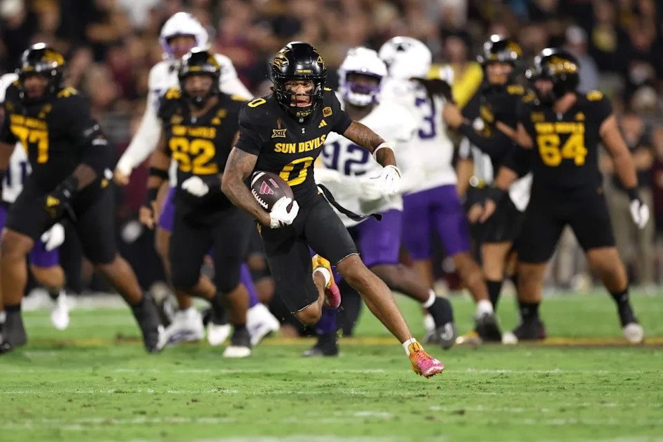 Wide receiver Jordyn Tyson #0 of the Arizona State Sun Devils runs after a reception against the TCU Horned Frogs. Getty Images