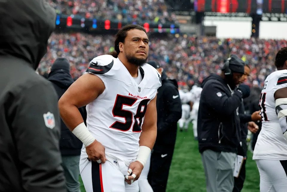 Leki Fotu of the Houston Texans before an AFC Divisional Round game between the <a class="link " href="https://sports.yahoo.com/nfl/teams/new-england/" data-i13n="sec:content-canvas;subsec:anchor_text;elm:context_link" data-ylk="slk:New England Patriots;sec:content-canvas;subsec:anchor_text;elm:context_link;itc:0" data-yga="{"yLinkElement":"context_link","yModuleName":"content-canvas","yLinkText":"New England Patriots","ySubModuleName":"anchor_text","yHasCommerce":false}">New England Patriots</a> and the Houston Texans on January 18, 2026, at Gillette Stadium Icon Sportswire via Getty Images