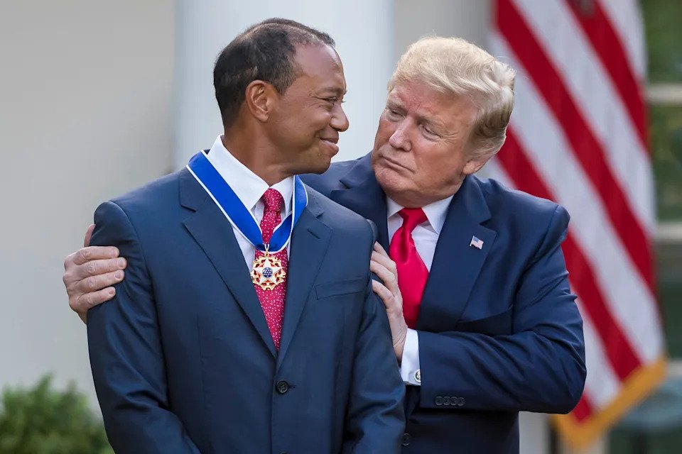 May 6, 2019; Washington, D.C., USA; U.S. President Donald Trump presents the Presidential Medal of Freedom to Tiger Woods during an event at the White House in the Rose Garden.