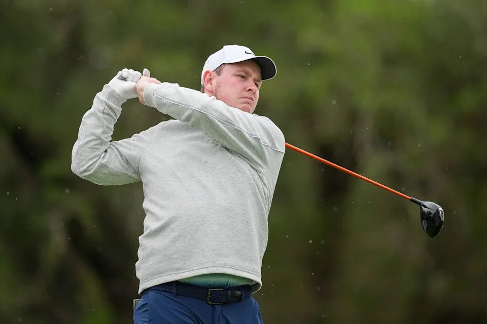 Apr 5, 2026; San Antonio, Texas, USA; Robert MacIntyre watches his shot off the second tee during the final round of the Valero Texas Open golf tournament. Mandatory Credit: Daniel Dunn-Imagn Images
