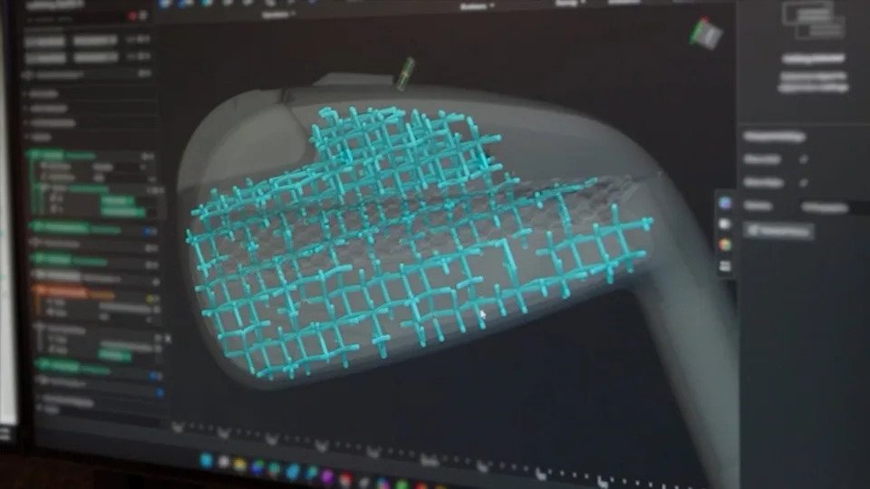 A computer screen displays a 3D model with blue grid structures overlaid, likely representing internal features or analysis of Cobra 3DP Irons, possibly a mechanical part, in a design or engineering software.